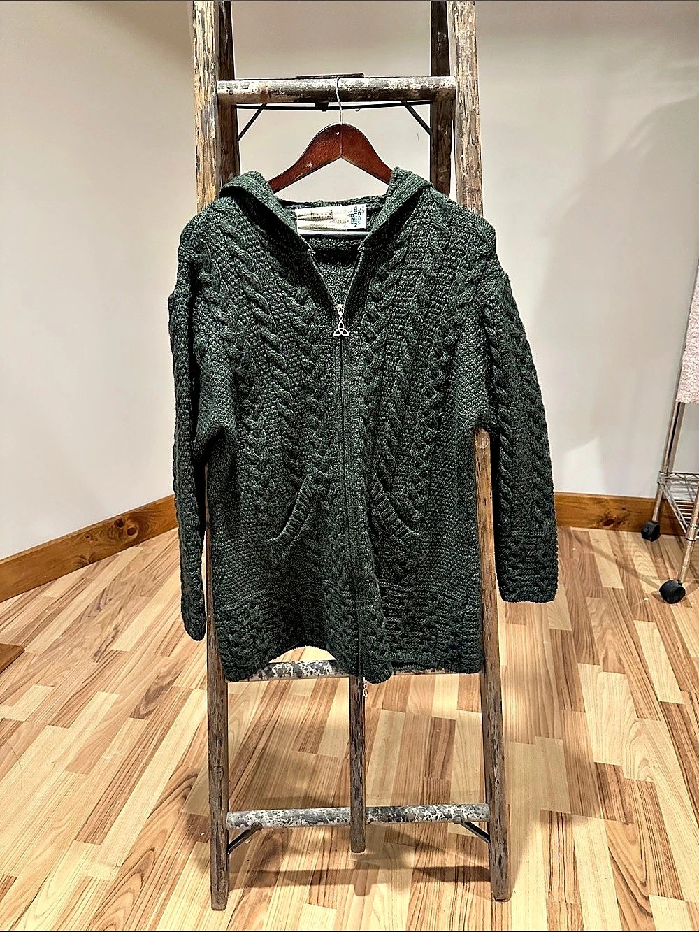 Aran Sweater Market Hooded Cable Knit Cardigan in Green Like New